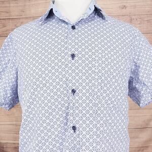 Tasso Elba Shirt Mens XL Blue White Geometric Button Up Short Sleeve Cotton